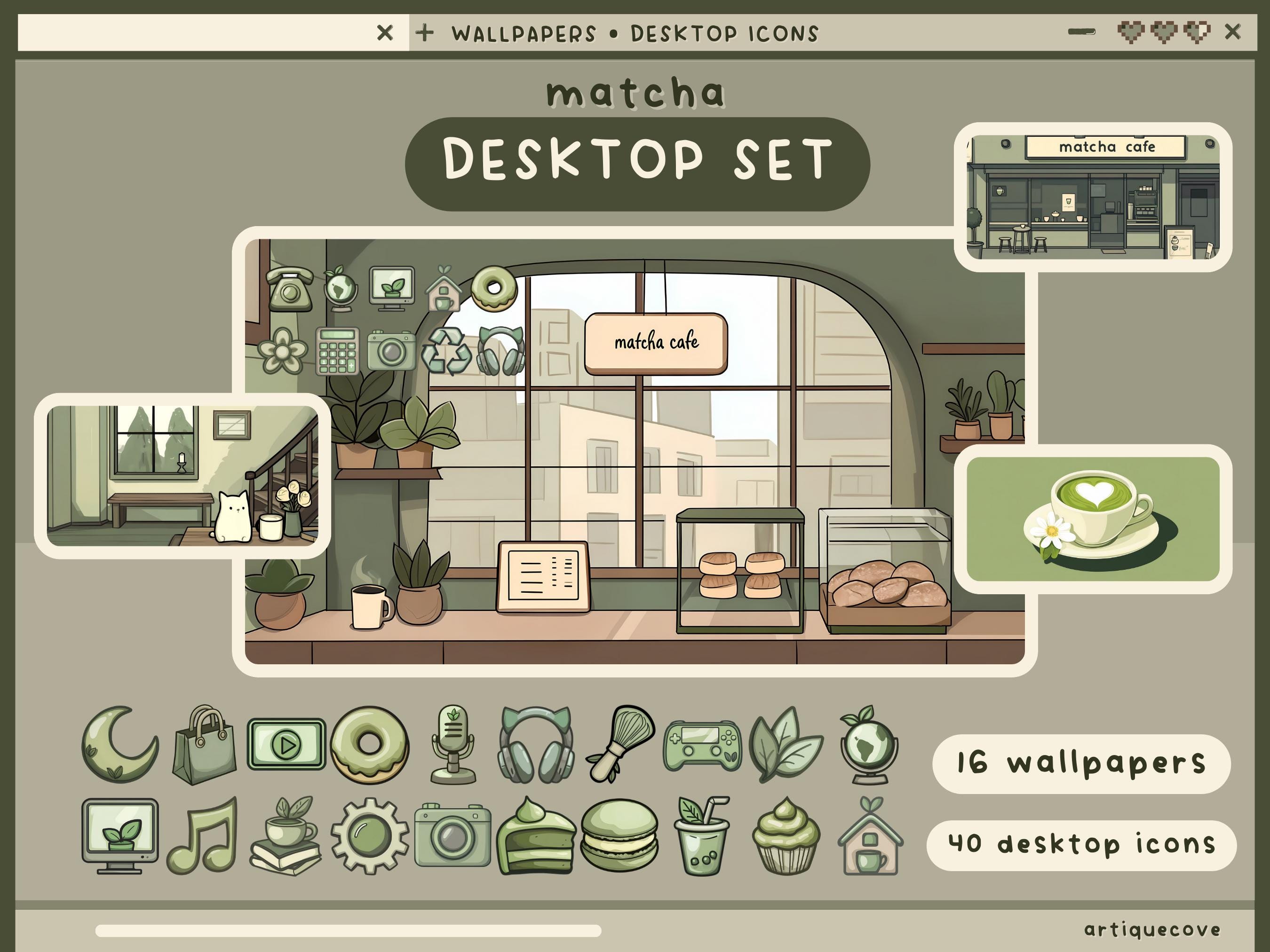matcha lofi desktop set wallpapers icons folders green desktop organizer kawaii matcha cafe folder background windows mac cute icon pack set