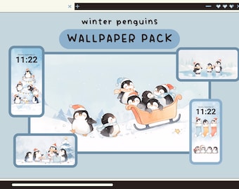 Fondos de pantalla de pingüinos de invierno, fondos de pantalla de invierno kawaii estéticos, fondo de pantalla de pingüinos acogedores lofi, lindos fondos de pantalla para computadora portátil y teléfono.