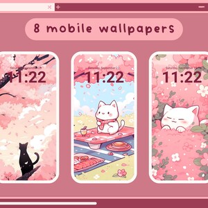 K&ouml;nnte beinhalten: Drei Handy-Hintergr&uuml;nde mit einer wei&szlig;en Katze, rosa Blumen und einem rosa Himmel. Der erste Hintergrund zeigt die Katze auf einer Picknickdecke sitzend mit einem Glas Limonade. Der zweite Hintergrund zeigt die Katze in einem Busch mit rosa Blumen sitzend. Der dritte Hintergrund zeigt die Katze, die aus einem Busch mit rosa Blumen heraus schaut.
