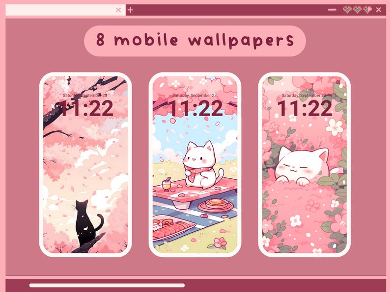 K&ouml;nnte beinhalten: Drei Handy-Hintergr&uuml;nde mit einer wei&szlig;en Katze, rosa Blumen und einem rosa Himmel. Der erste Hintergrund zeigt die Katze auf einer Picknickdecke sitzend mit einem Glas Limonade. Der zweite Hintergrund zeigt die Katze in einem Busch mit rosa Blumen sitzend. Der dritte Hintergrund zeigt die Katze, die aus einem Busch mit rosa Blumen heraus schaut.