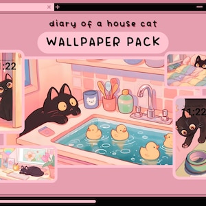 Puede incluir: Paquete de fondos de pantalla digitales titulado "diary of a house cat". La obra de arte presenta un gato negro en varios entornos domésticos, incluyendo un fregadero de cocina con patitos de goma, una cama y un escritorio. La hora 11:22 se muestra en las pantallas del teléfono.