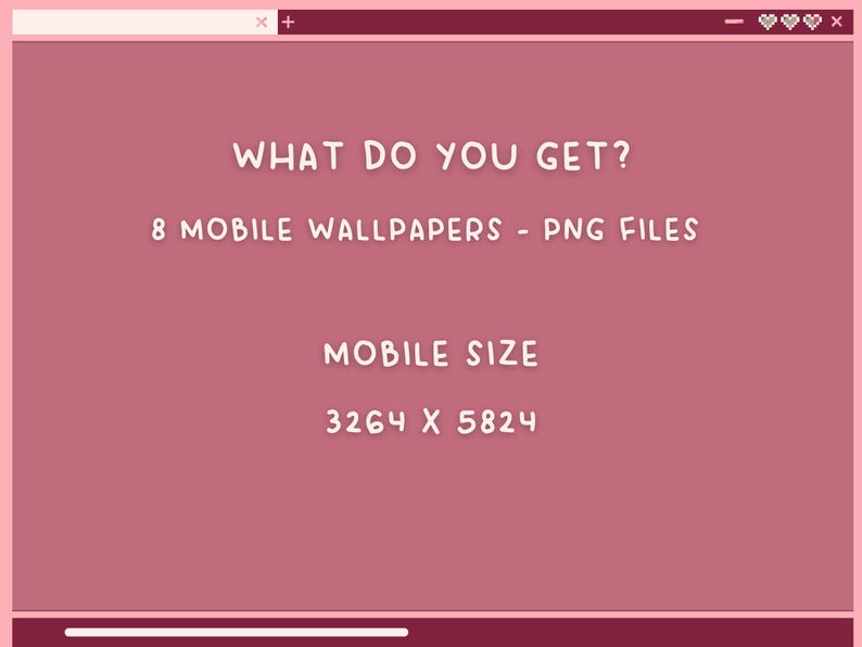 K&ouml;nnte beinhalten: Ein rosa Bildschirm mit wei&szlig;em Text, der "WHAT DO YOU GET? 8 MOBILE WALLPAPERS - PNG FILES MOBILE SIZE 3264 X 5824" lautet.