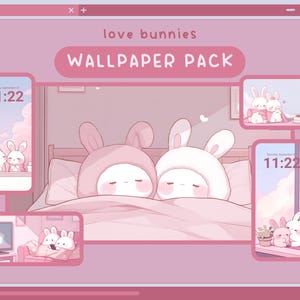 Puede incluir: Un paquete de fondos de pantalla digitales con adorables conejos rosas y blancos en varias poses. El paquete incluye cuatro fondos de pantalla diferentes con el texto "love bunnies WALLPAPER PACK" en la parte superior.