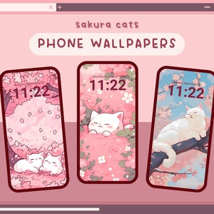 K&ouml;nnte beinhalten: Drei Handy-Hintergrundbilder mit niedlichen wei&szlig;en Katzen vor rosa Kirschbl&uuml;tenhintergrund. Die Uhrzeit ist auf jedem Hintergrundbild 11:22 Uhr.