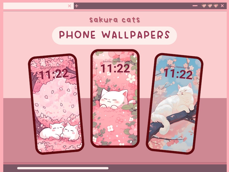 K&ouml;nnte beinhalten: Drei Handy-Hintergrundbilder mit niedlichen wei&szlig;en Katzen vor rosa Kirschbl&uuml;tenhintergrund. Die Uhrzeit ist auf jedem Hintergrundbild 11:22 Uhr.