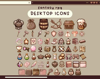 May include: A set of 50 fantasy role-playing game desktop icons featuring a variety of images, including a knight's armor, a bag of gold coins, a barrel, a bow and arrow, a chest, a beer mug, a campfire, a book, a helmet, a lantern, a tent, an anchor, a crown, a mushroom, an hourglass, a dreamcatcher, a heart, a folder, a key, a ship, a potion bottle, a padlock, and a backpack.