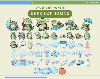 May include: A collection of cute, cartoon-style desktop icons featuring green turtles in various summer and beach-themed scenarios. Icons include turtles on surfboards, wearing sunglasses, and with beach accessories. The text "tropical turtle DESKTOP ICONS" is at the top.