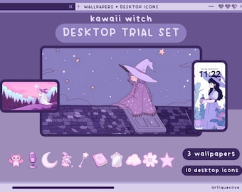 kawaii witch desktop set wallpapers icons folders purple desktop organizer kawaii witchy magic folder background windows mac goth icons pack