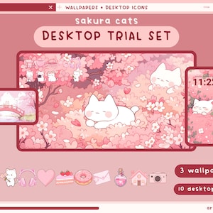Set di sfondi per desktop con gatti sakura, icone, cartelle, rosa, carino, organizer per desktop, kawaii, fiori sakura, cartelle, sfondo, icone per Windows e Mac.