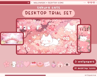 桜猫のデスクトップセット、壁紙、アイコン、フォルダ、ピンク、かわいいデスクトップオーガナイザー、かわいい桜の花のフォルダ、背景、Windows、Macのアイコンパック