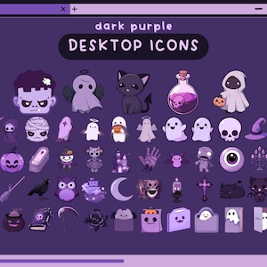 May include: Dark purple desktop icons featuring Halloween-themed illustrations. Includes a zombie, ghosts, black cat, potion bottle, pumpkin, skull, witch hat, and more. The text "dark purple DESKTOP ICONS" is at the top.