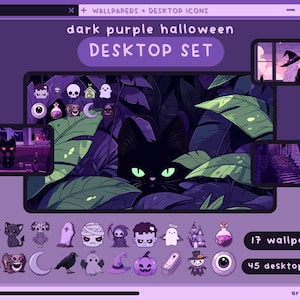 May include: A digital desktop set with a dark purple Halloween theme. The set includes 17 wallpapers and 45 desktop icons. The icons feature a variety of spooky and cute characters, including a black cat, a witch, a ghost, and a pumpkin. The set is perfect for adding a touch of Halloween fun to your computer.