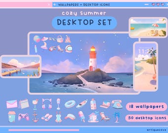 Conjunto de fondos de pantalla, iconos y carpetas veraniegas para escritorio: un acogedor organizador de escritorio rosa con temática de playa kawaii. Incluye iconos para Windows y Mac.