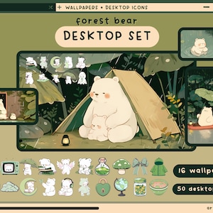 Op de afbeelding: Een digitale desktopset met een schattige cartoonbeer in een bosomgeving. De set bevat 16 achtergronden en 50 bureaubladpictogrammen. De tekst "forest bear desktop set" wordt weergegeven in een lichtbruine doos.