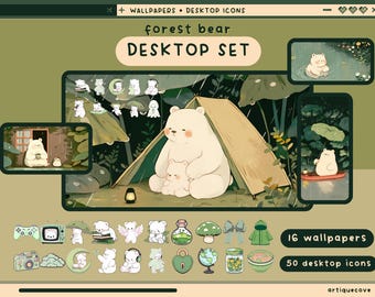 May include: A digital desktop set featuring a cute cartoon bear in a forest setting. The set includes 16 wallpapers and 50 desktop icons. The text "forest bear desktop set" is displayed in a light brown box.