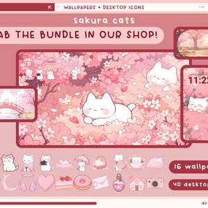 K&ouml;nnte beinhalten: Eine digitale Illustration eines rosa und wei&szlig;en Hintergrunds mit einer wei&szlig;en Katze, die in einem Feld mit rosa Kirschbl&uuml;ten schl&auml;ft. Der Text "sakura cats" befindet sich oben im Bild. Der Text "GRAB THE BUNDLE IN OUR SHOP!" befindet sich unter dem Bild. Der Text "16 wallpapers" und "40 desktop icons" befindet sich unten im Bild.