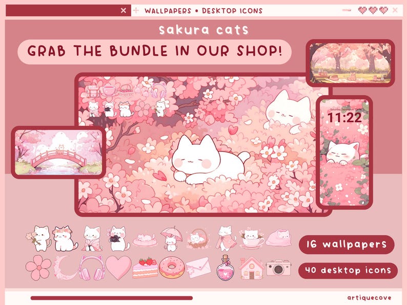 K&ouml;nnte beinhalten: Eine digitale Illustration eines rosa und wei&szlig;en Hintergrunds mit einer wei&szlig;en Katze, die in einem Feld mit rosa Kirschbl&uuml;ten schl&auml;ft. Der Text "sakura cats" befindet sich oben im Bild. Der Text "GRAB THE BUNDLE IN OUR SHOP!" befindet sich unter dem Bild. Der Text "16 wallpapers" und "40 desktop icons" befindet sich unten im Bild.