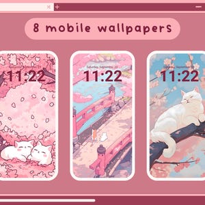 K&ouml;nnte beinhalten: Drei Handy-Bildschirm-Mockups mit rosa und wei&szlig;em Hintergrund. Die Mockups zeigen eine wei&szlig;e Katze, die auf einem Ast schl&auml;ft, zwei wei&szlig;e Katzen, die unter einem rosa Kirschbaum schlafen, und eine wei&szlig;e Katze, die auf einem Weg mit einer roten Br&uuml;cke im Hintergrund geht.