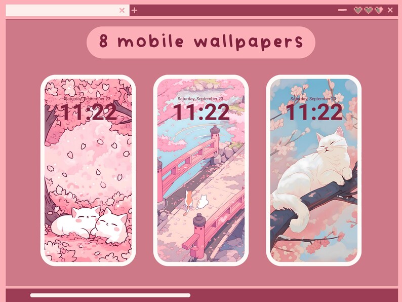 K&ouml;nnte beinhalten: Drei Handy-Bildschirm-Mockups mit rosa und wei&szlig;em Hintergrund. Die Mockups zeigen eine wei&szlig;e Katze, die auf einem Ast schl&auml;ft, zwei wei&szlig;e Katzen, die unter einem rosa Kirschbaum schlafen, und eine wei&szlig;e Katze, die auf einem Weg mit einer roten Br&uuml;cke im Hintergrund geht.