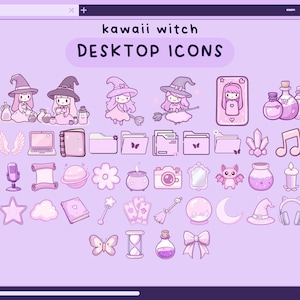 May include: A set of kawaii witch desktop icons featuring a variety of cute illustrations, including witches, bats, stars, moons, and more. The icons are in a pastel purple color scheme and are perfect for adding a touch of whimsy to your computer.