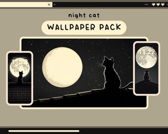 May include: A digital wallpaper pack featuring a black cat silhouette looking up at a full moon in a starry night sky. The pack includes three different phone wallpapers with the time displayed on each.