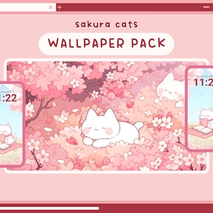 Pode incluir: Um pacote de papéis de parede digitais com três gatos brancos com detalhes rosa, cercados por flores de cerejeira rosa. O texto "Sakura cats WALLPAPER PACK" está na parte superior da imagem.