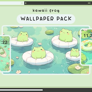 May include: A digital wallpaper pack featuring cute green frogs floating on lily pads in a blue pond. The wallpaper pack includes four different designs, each with a different frog pose. The text "kawaii frog WALLPAPER PACK" is displayed at the top of the image.