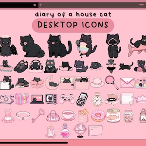 Pode incluir: Um fundo rosa apresenta uma coleção de ícones de desktop ilustrados. Os ícones incluem gatos pretos em várias poses, juntamente com outros objetos como um vestido, uma chave, uma xícara de chá e uma rosquinha. O texto "diary of a house cat DESKTOP ICONS" está no topo.