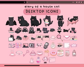 Puede incluir: Un fondo rosa presenta una colección de iconos de escritorio ilustrados. Los iconos incluyen gatos negros en varias poses, junto con otros objetos como un vestido, una llave, una taza de té y un donut. El texto "diary of a house cat DESKTOP ICONS" está en la parte superior.