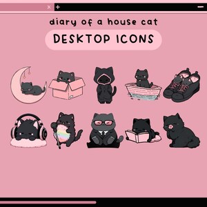 Może przedstawiać: R&oacute;żowa ilustracja cyfrowa z tekstem "diary of a house cat DESKTOP ICONS". Obraz przedstawia czarne koty z kresk&oacute;wek w r&oacute;żnych pozach, takich jak w pudełku, na księżycu i w słuchawkach.
