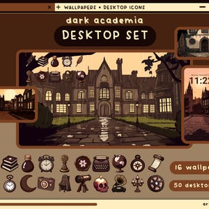 Puede incluir: Una ilustración digital de un conjunto de escritorio con temática de academia oscura. El conjunto incluye 16 fondos de pantalla y 50 iconos de escritorio. La ilustración presenta un gran edificio oscuro con una larga entrada de vehículos y una torre del reloj. El texto "dark academia desktop set" está escrito en negrita en la parte superior de la imagen.