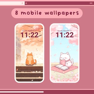 K&ouml;nnte beinhalten: Zwei Handy-Hintergr&uuml;nde mit niedlichen Comic-Katzen. Der erste Hintergrund zeigt eine hellorange Katze, die auf einer Treppe sitzt, mit einem rosa und wei&szlig;en Hintergrund. Der zweite Hintergrund zeigt eine wei&szlig;e Katze, die ein Buch liest, mit einem rosa und wei&szlig;en Hintergrund. Beide Hintergr&uuml;nde zeigen die Uhrzeit 11:22.