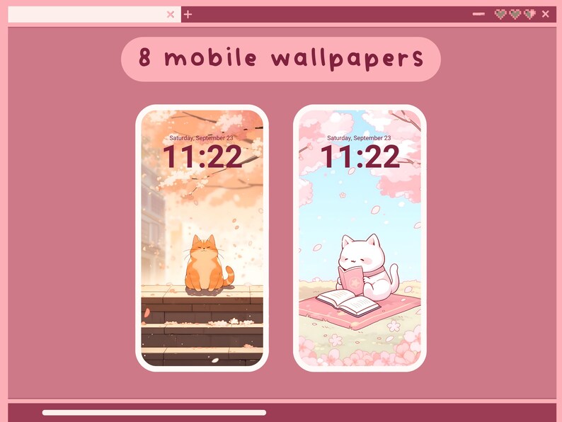 K&ouml;nnte beinhalten: Zwei Handy-Hintergr&uuml;nde mit niedlichen Comic-Katzen. Der erste Hintergrund zeigt eine hellorange Katze, die auf einer Treppe sitzt, mit einem rosa und wei&szlig;en Hintergrund. Der zweite Hintergrund zeigt eine wei&szlig;e Katze, die ein Buch liest, mit einem rosa und wei&szlig;en Hintergrund. Beide Hintergr&uuml;nde zeigen die Uhrzeit 11:22.