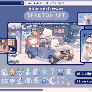 May include: A blue Christmas desktop set with 16 wallpapers and 55 desktop icons. The set features a blue truck with polar bears, a clock, and other wintery illustrations.