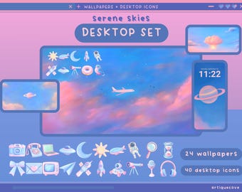 穏やかな空のデスクトップセット、壁紙、アイコン、フォルダー、ピンク、青、かわいいデスクトップオーガナイザー、かわいい曇り空のフォルダーの背景、Windows、Macのアイコンパック