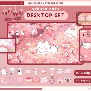 Set di sfondi per desktop con gatti sakura, icone, cartelle, rosa, carino, organizer per desktop, kawaii, fiori sakura, cartelle, sfondo, icone per Windows e Mac.
