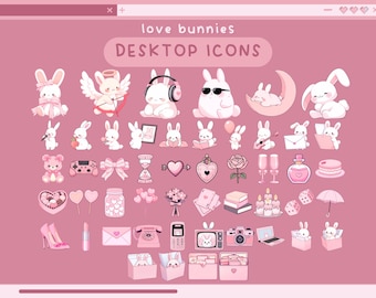 May include: A set of pink and white desktop icons featuring bunnies in various poses, including a bunny with angel wings, a bunny wearing sunglasses, and a bunny holding a heart. The icons also include other cute images, such as a teddy bear, a rose, a cupcake, and a heart-shaped hourglass. The text "love bunnies DESKTOP ICONS" is at the top of the image.