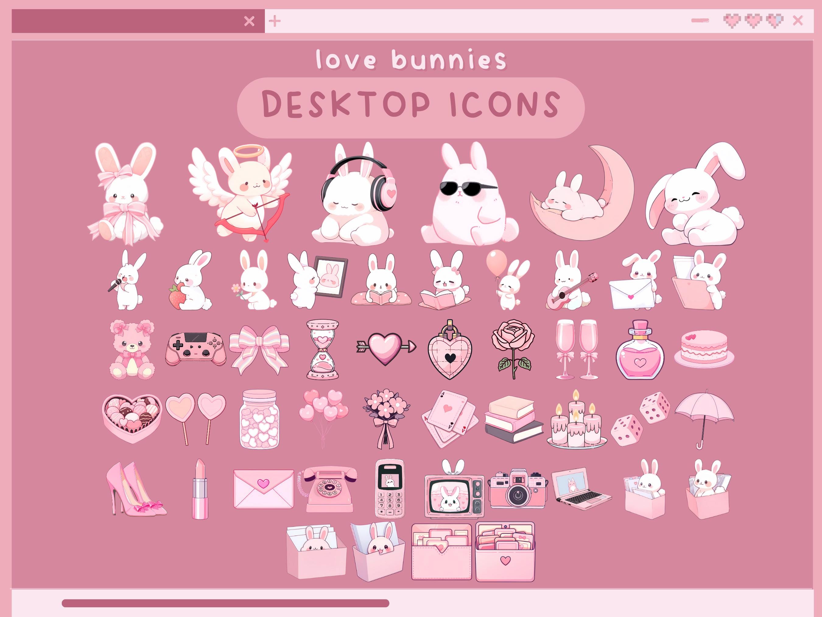 Love Bunnies Desktop Icons Kawaii Pink Desktop Organizer Icons