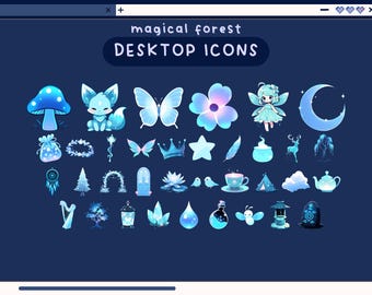 May include: A set of 28 blue and white magical forest themed desktop icons. The icons include a mushroom, a fox, a butterfly, a flower, a fairy, a crescent moon, a crown, a star, a feather, a cauldron, a deer, a willow tree, a dreamcatcher, a pine tree, an archway, a door, a lotus flower, a bird, a teacup, a tent, a cloud, a teapot, a harp, a tree, a lantern, a crystal, a raindrop, a potion bottle, a firefly, a pagoda, and a stone.