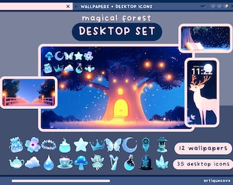 magisch bos bureaublad set achtergronden pictogrammen mappen blauw schattig bureaubladorganizer kawaii bos bloemen mappen achtergrond windows mac pictogrammen