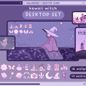 kawaii witch desktop set wallpapers icons folders purple desktop organizer kawaii witchy magic folder background windows mac goth icons pack