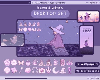 kawaii witch desktop set wallpapers icons folders purple desktop organizer kawaii witchy magic folder background windows mac goth icons pack