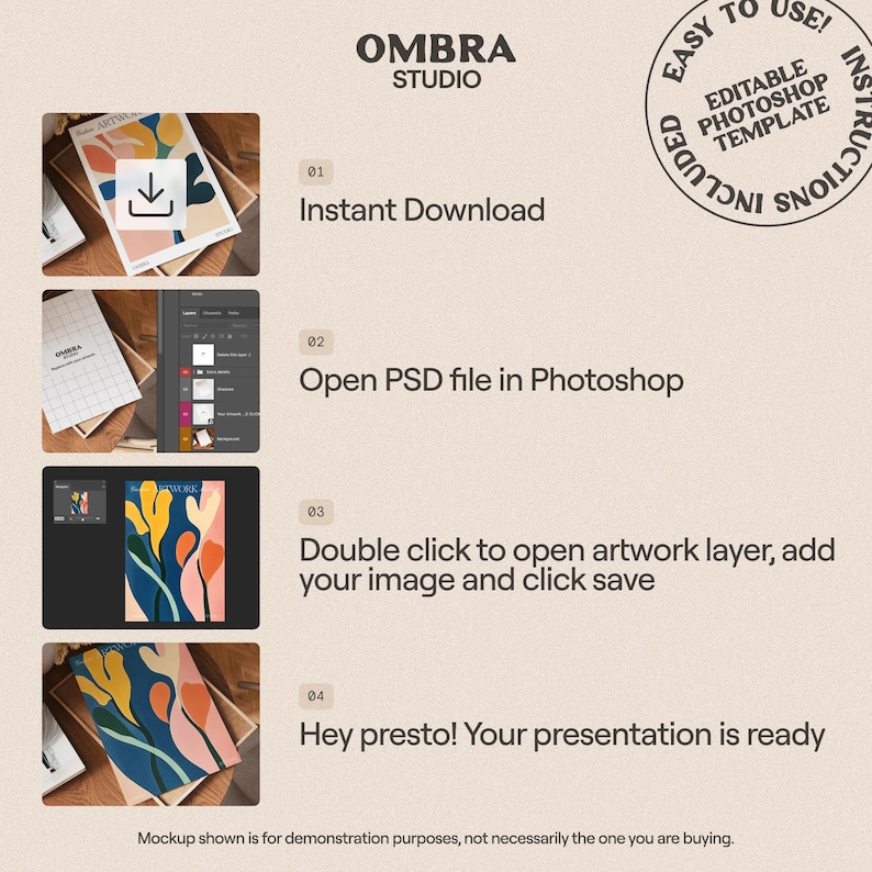 May include: A beige graphic with the text "OMBRA STUDIO" and instructions for using an editable Photoshop template. The steps include downloading, opening a PSD file, adding an image, and saving. The image includes a mockup.