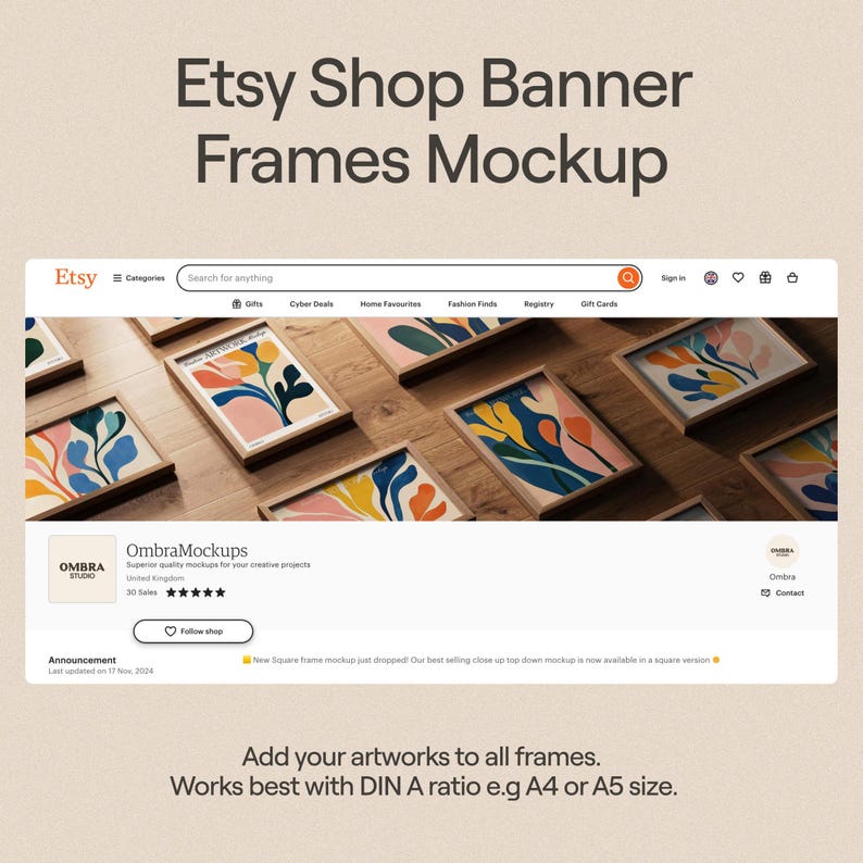 Etsy Shop Banner Mockup with frames to showcase prints or artwork. Perfect frame banner for print shop or print on demand.