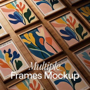 Puede incluir: Múltiples marcos de fotos de madera con diseños florales abstractos en tonos de azul, amarillo, rosa y verde. Los marcos están dispuestos sobre una superficie de madera. El texto "Custom Artwork Mockup" es visible en algunos de los marcos.
