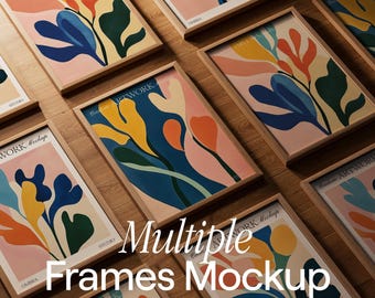 May include: Multiple wooden picture frames with abstract floral designs in shades of blue, yellow, pink, and green. The frames are arranged on a wooden surface. The text "Custom Artwork Mockup" is visible on some of the frames.