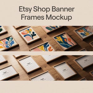 Può includere: Un mockup di banner per negozio Etsy con diverse stampe artistiche incorniciate con colorati disegni floreali. Le cornici sono in legno chiaro e disposte su una superficie di legno. Il testo "Etsy Shop Banner Frames Mockup" è in alto.