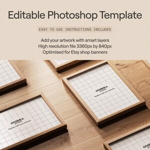Multi frame mockup for use as an Etsy shop banner or on social media. Editable Photoshop template to showcase prints or art in frames.