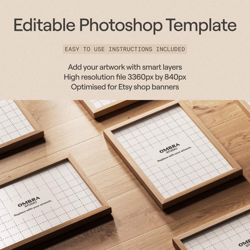 Multi frame mockup for use as an Etsy shop banner or on social media. Editable Photoshop template to showcase prints or art in frames.