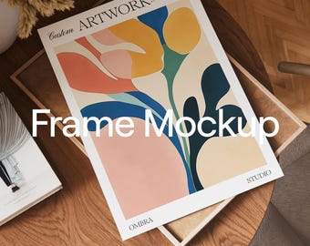 Close up Frame Mockup, DIN A Portrait Frame Mockup, Frame on Table Photoshop Template, Wood Frame Mockup for Art or Print, PSD Frame Mockup